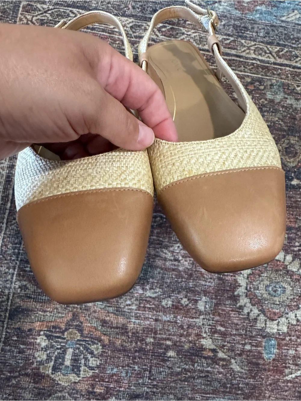 Vionic Petaluma Slingback Cap-Toe Flats  Woven Raffia Tan Leather 9.5